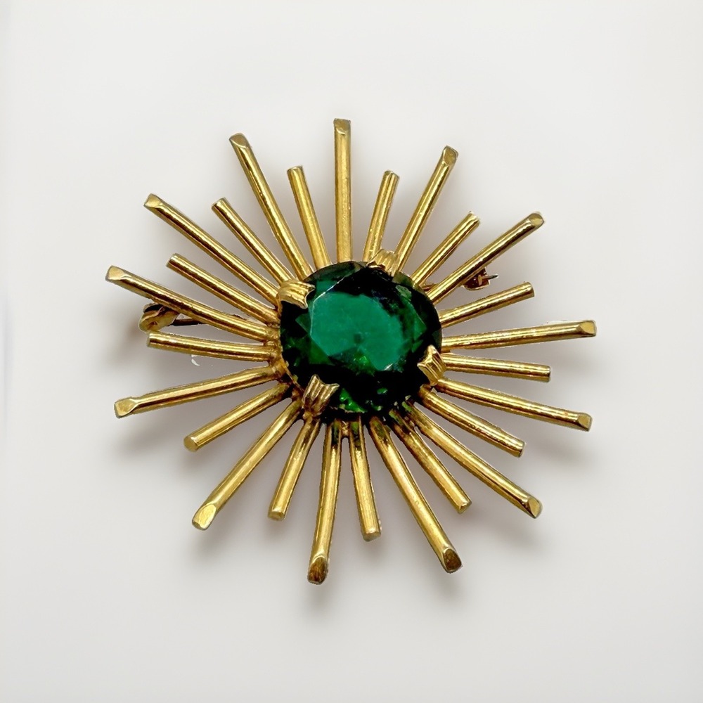 Vintage Starburst Large Brooch Green Glass Center Stone Gold Tone Statement